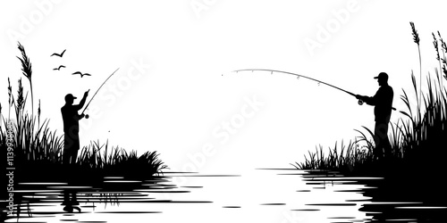 Casting bait into shallow streams, watching line movements for fish, Illustration