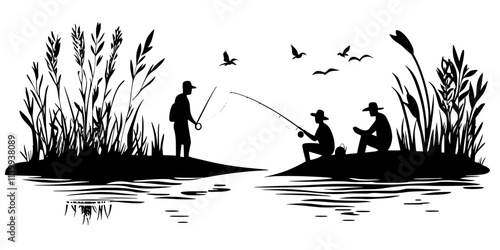 Fishers practicing roll casting techniques to navigate complex riverbanks while avoiding obstacles, Illustration