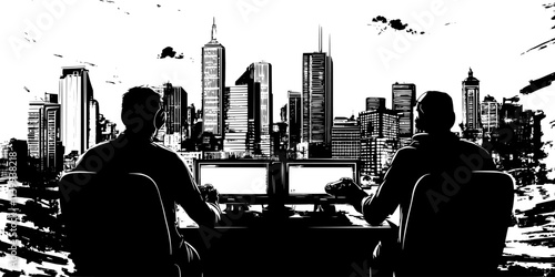 Gamers controlling a virtual city, placing buildings and managing resources to ensure success, Illustration