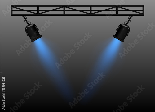 Blue Spotlight. Two black stage lights mounted on a truss, casting bright beams, theatrical lighting effect, performance scene, illumination, event setup, focused light projection, wallpaper