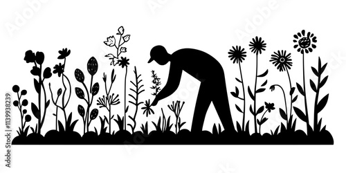 Gardener adding flowering herbs to a pollinator garden in a front yard, Illustration