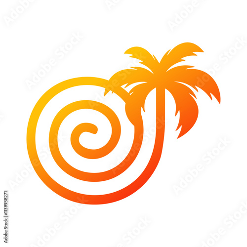 Logo vacaciones de verano. Logo con banner con silueta de la palma con espiral