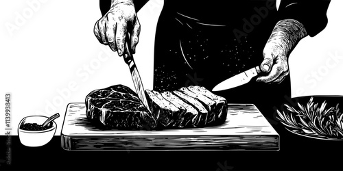 Grass-fed beef being sliced on a cutting board before serving, Illustration