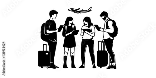 Group member reviewing travel insurance policies for group vacation online, Illustration