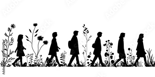 Guests enjoying a peaceful walk through a garden as part of a retreat program, Illustration