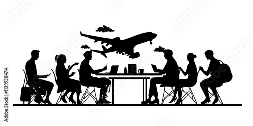 Group discussing travel dates and destinations while planning a group vacation, Illustration
