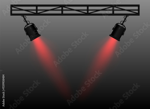 Red Spotlight. Two black stage lights mounted on a truss, casting bright beams, theatrical lighting effect, performance scene, illumination, event setup, focused light projection, wallpaper
