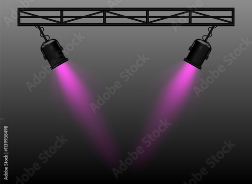 Pink Spotlight. Two black stage lights mounted on a truss, casting bright beams, theatrical lighting effect, performance scene, illumination, event setup, focused light projection, wallpaper