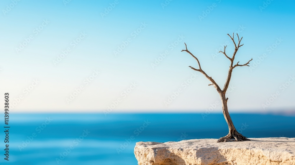 Drying Tree Symbolic Concept, Single Dry Tree on the Edge of a Cliff with a Beautiful Ocean Background and Clear Blue Sky Drying Tree Symbolic Concept, Single Dry Tree on the Edge of a Cliff with a Beautiful Ocean Background and Clear Blue Sky