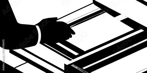 Individual aligning a new screen for a multi-layered print on fabric, Illustration