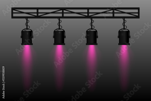 Spotlight set. Four stage lights purple beams, hanging from a truss structure. Professional lighting equipment for theater, concerts, shows, and events. Focused illumination, performance settings.