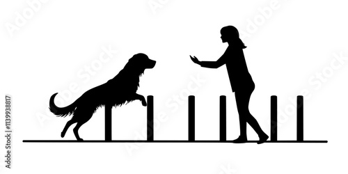 Individual directing a dog to weave through poles during an agility training session, Illustration