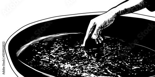 Individual dipping an etched metal plate into an acid bath for deeper engraving, Illustration