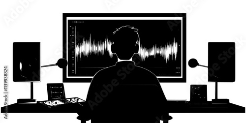 Individual editing sound waves on a screen in a personal studio, Illustration