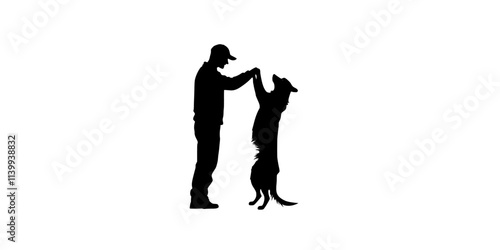 Individual guiding a dog to stand on its hind legs during a trick demonstration, Illustration