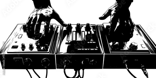 Individual experimenting with effects pedals while creating electronic music, Illustration