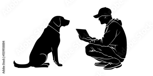 Individual instructing a dog to spin in place during a trick training session, Illustration