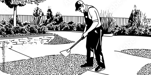 Individual spreading sand before laying paving stones in a garden, Illustration