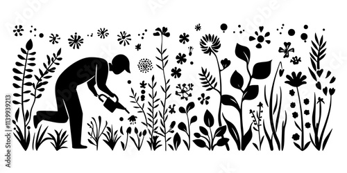 Individual tending to a pollinator garden by watering the plants regularly, Illustration