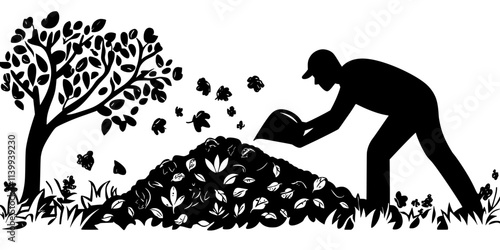 Individual transferring mature compost from a pile to garden beds, Illustration