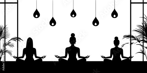 Individuals meditating quietly in a peaceful room with minimal distractions, Illustration