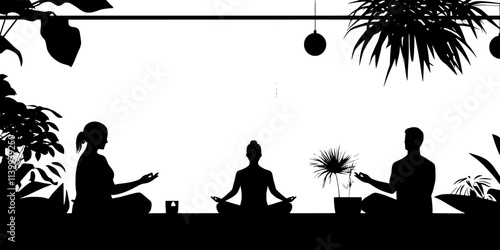 Individuals practicing guided meditation in a comfortable indoor setting, Illustration