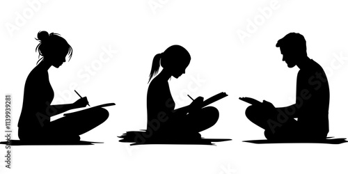 Individuals writing in journals during a mindfulness retreat, Illustration