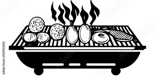 Ingredients being arranged on grates inside a smoker for smoking, Illustration