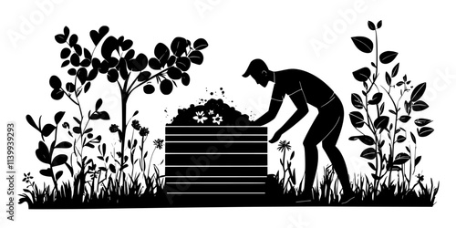 Man building a compost bin from wood panels to place in the garden, Illustration