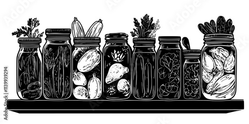 Jars filled with fermenting vegetables stored on a kitchen shelf, Illustration