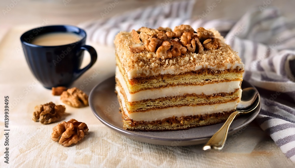 A sliced layered cake with walnuts and light filling, with a cup of coffee, and walnuts in setting A sliced layered cake with walnuts and light filling, with a cup of coffee, and walnuts in setting