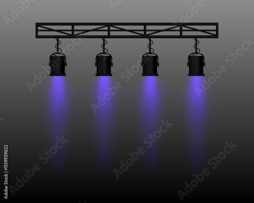 Spotlight set. Four stage lights purple beams, hanging from a truss structure. Professional lighting equipment for theater, concerts, shows, and events. Focused illumination, performance settings.