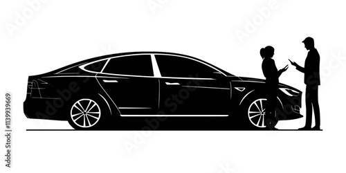 Parent booking a rental car for a family trip using a mobile phone, Illustration