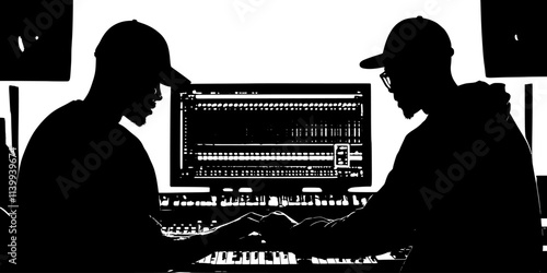 Musician interacting with a producer during a recording session in a studio, Illustration