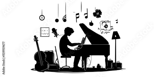 Musician tuning instruments before recording a classical music piece, Illustration