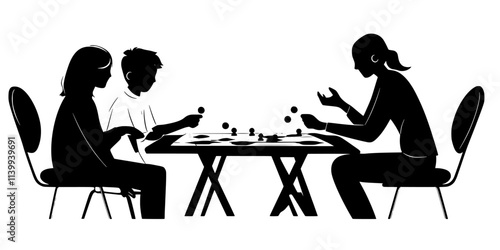 Parents and children participating in a board game session, moving pieces and discussing their actions, Illustration