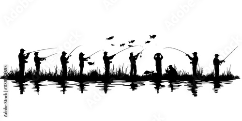 Participants adjusting rod lengths and choosing flies based on water conditions and fish behavior, Illustration