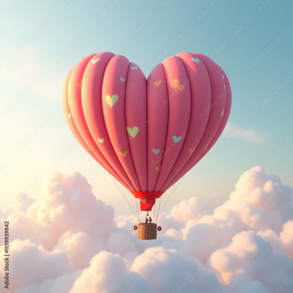 Naklejka premium Heart Hot Air Balloon Soaring Above Clouds