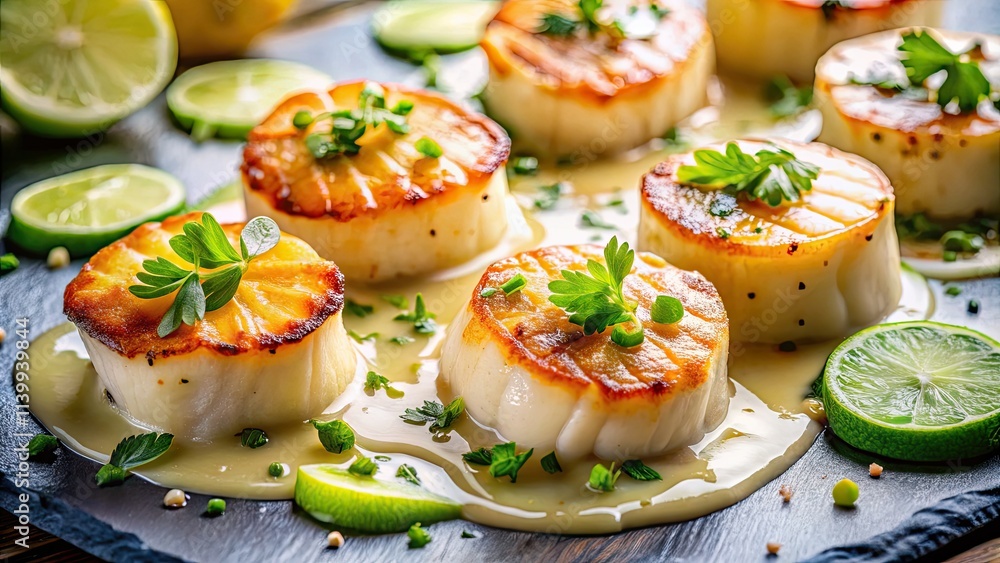 Gourmet scallops, seared to perfection, sparkle under the drone's eye; lime and sauce complete the masterpiece. Gourmet scallops, seared to perfection, sparkle under the drone's eye; lime and sauce complete the masterpiece.