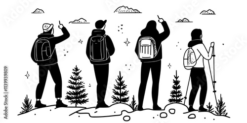 Participants pausing at a scenic lookout point along a long-distance hiking trail, Illustration