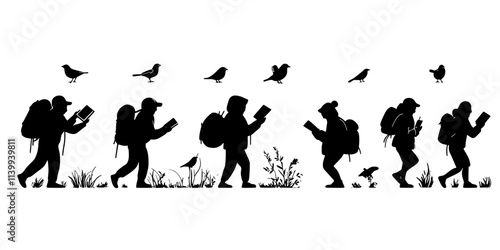 Participants using field guides to identify species during migration journeys, Illustration