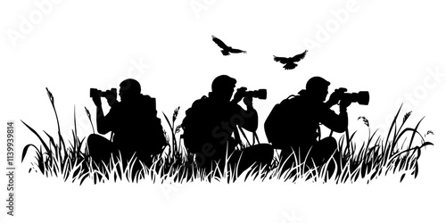 Participants using camouflage techniques to blend into surroundings while photographing birds, Illustration