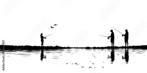 Casting lures across still waters with spinning reels, waiting for fish, Illustration