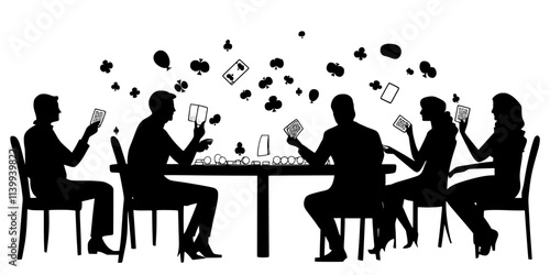 People sitting around a table, exchanging cards and advancing game pieces in a calculated manner, Illustration