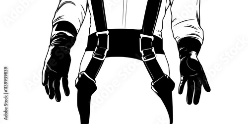 Person adjusting harness straps while preparing for a tandem skydiving experience, Illustration