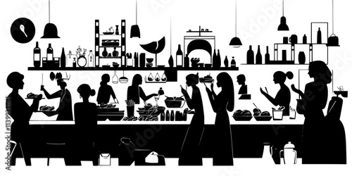 People tasting local delicacies in a traditional market during a guided culinary tour, Illustration