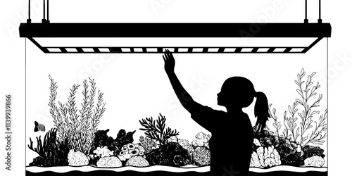 Person adjusting lighting system in reef tank to support coral growth, Illustration