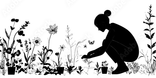 Person arranging flowering plants around the garden to provide habitats for pollinators, Illustration
