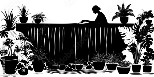 Person arranging plants around a newly built backyard waterfall, Illustration
