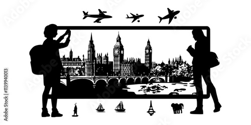 Person creating a group itinerary for sightseeing using a travel app, Illustration